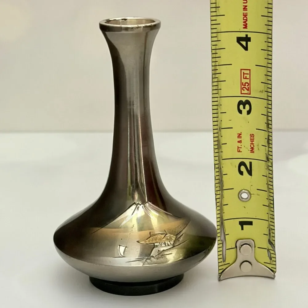 Japan Mixed Metal Bud Vase Etched Mt Fuji Pagoda Scene 4.5 Inch